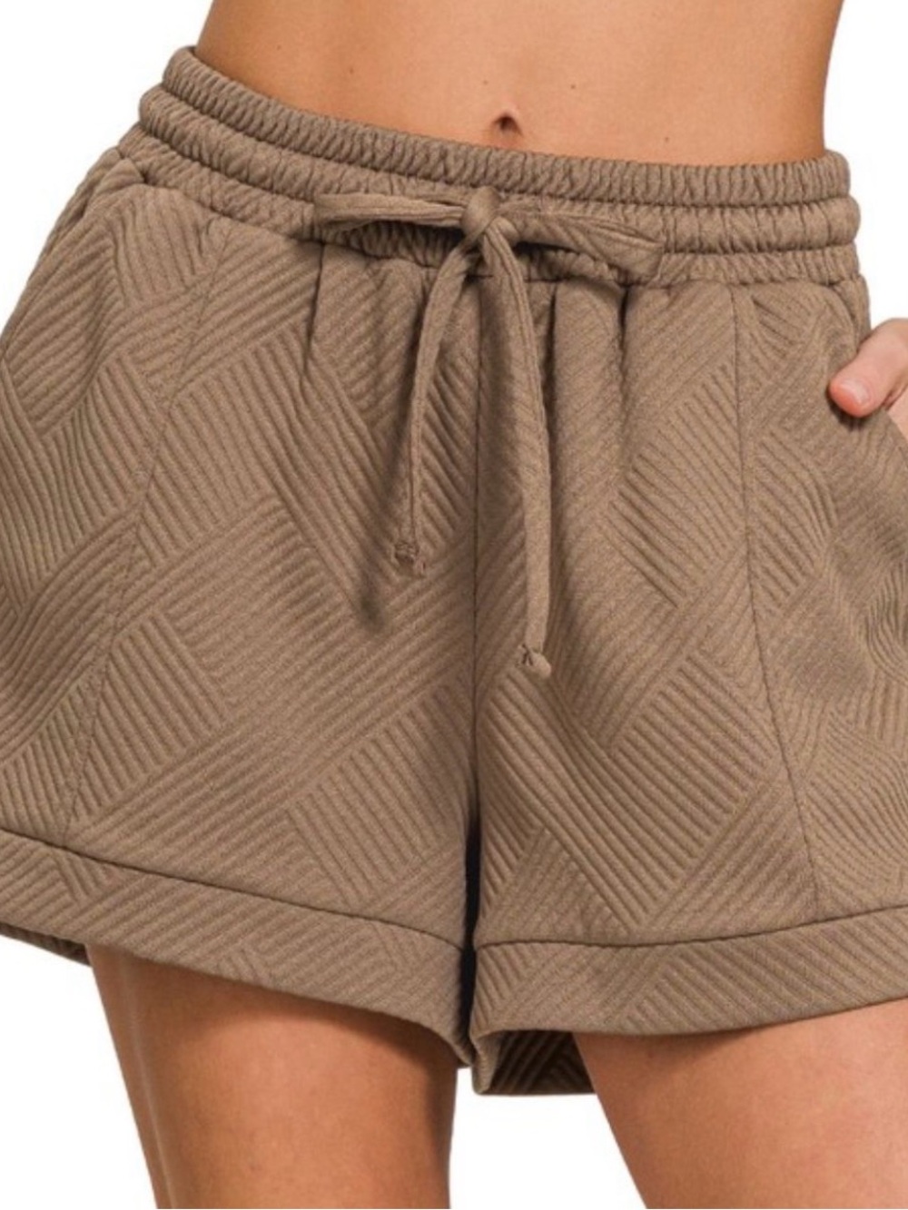 Zenana Textured Knit Jacquard Drawstring Shorts - Beige - Sz S. NWOT